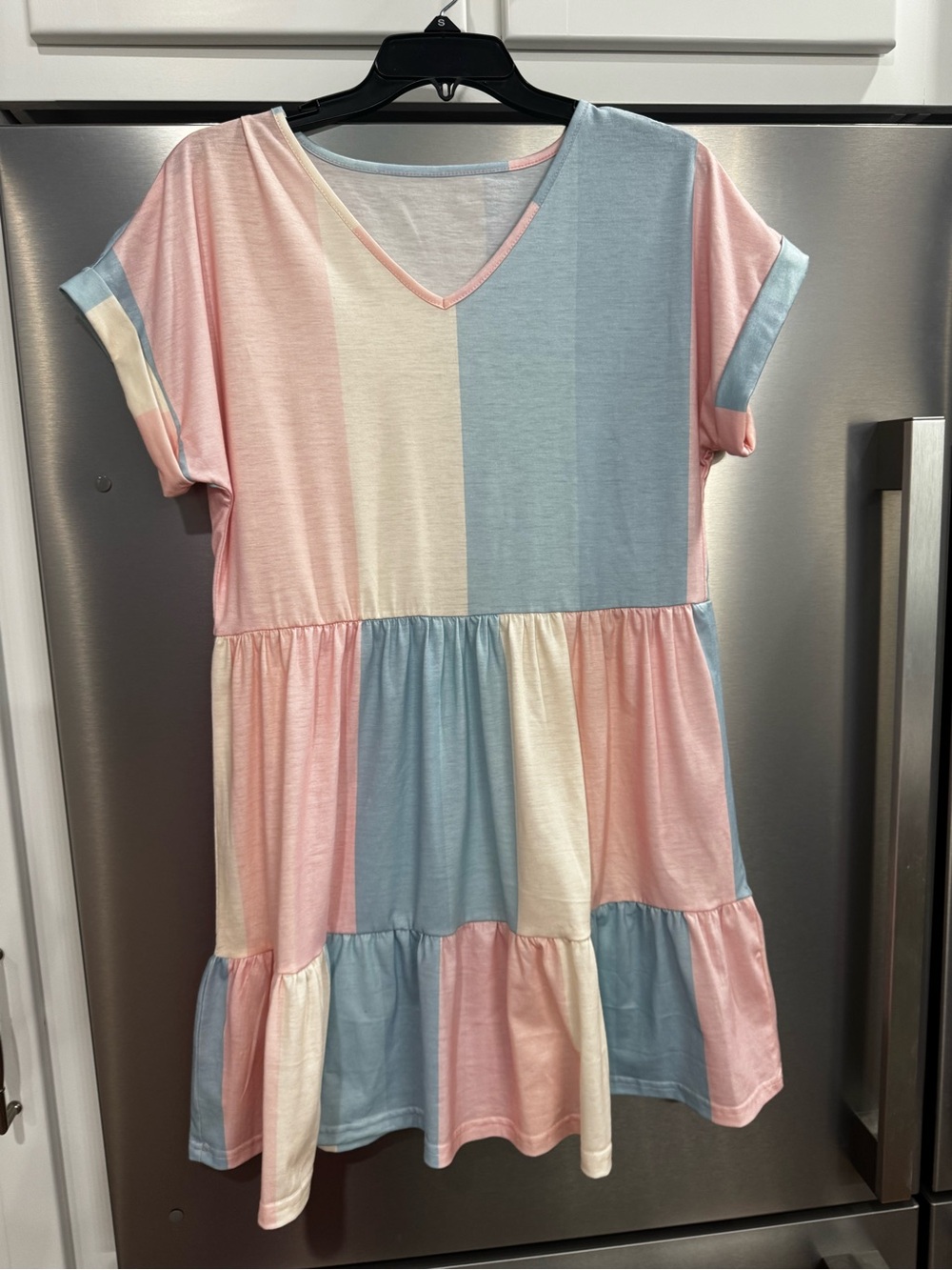 Women’s Pastel Colorblock V-Neck Tiered Tee Dress - Pink, Blue & Cream